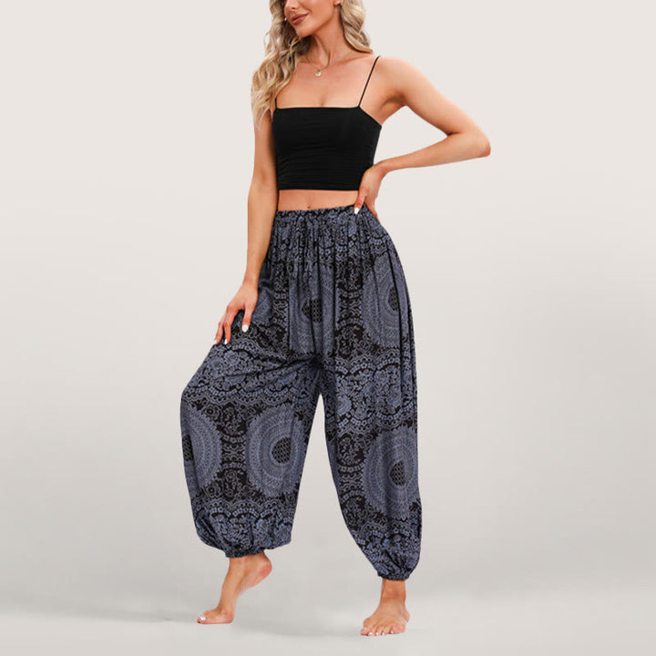 Olivenorma Pantaloni harem elasticizzati con stampa boho fluida da donna - image 7