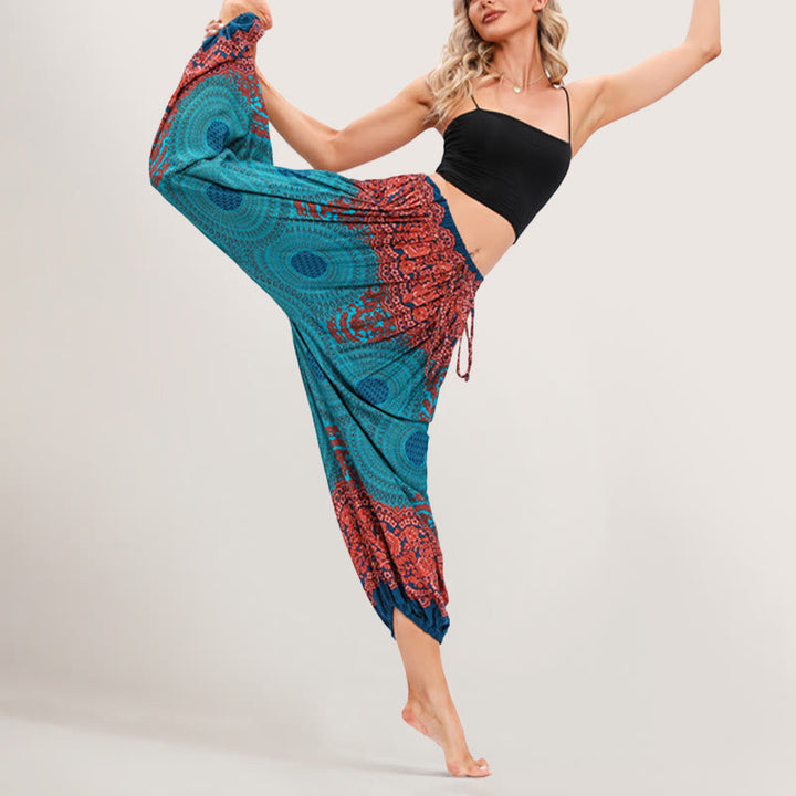 Olivenorma - Pantaloni harem elasticizzati con vita alta e motivo mandala boho vibrante da donna