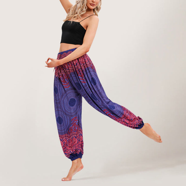 Olivenorma - Pantaloni harem elasticizzati con vita alta e motivo mandala boho vibrante da donna