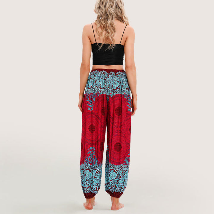 Olivenorma - Pantaloni harem elasticizzati con vita alta e motivo mandala boho vibrante da donna