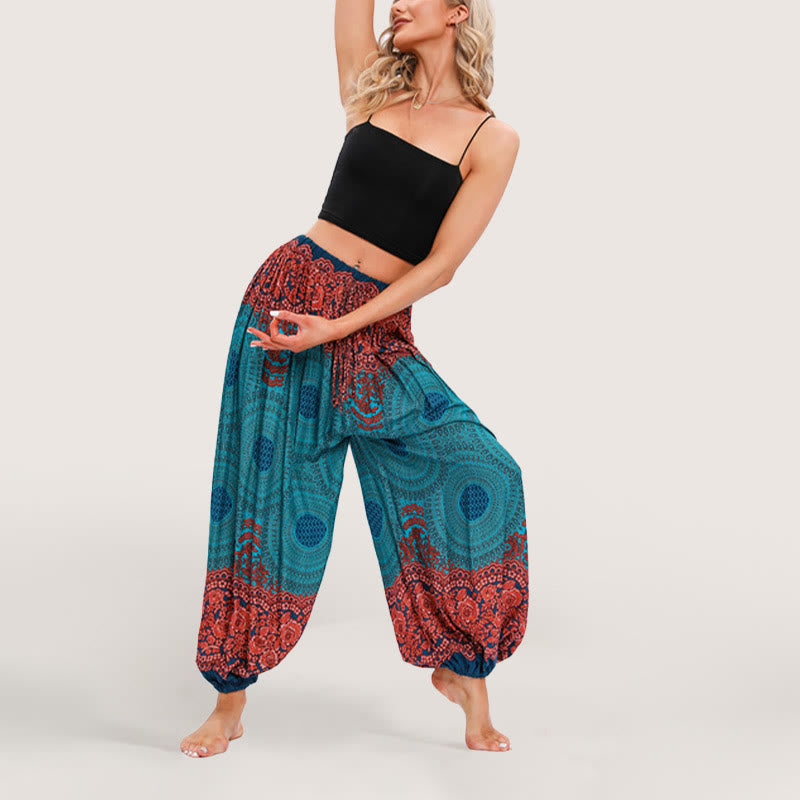 Olivenorma - Pantaloni harem elasticizzati con vita alta e motivo mandala boho vibrante da donna