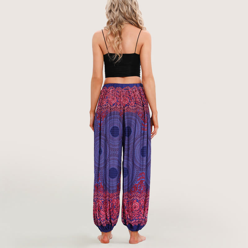 Olivenorma - Pantaloni harem elasticizzati con vita alta e motivo mandala boho vibrante da donna