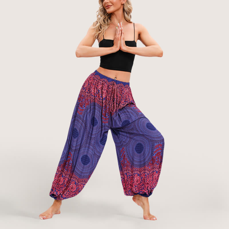 Olivenorma - Pantaloni harem elasticizzati con vita alta e motivo mandala boho vibrante da donna