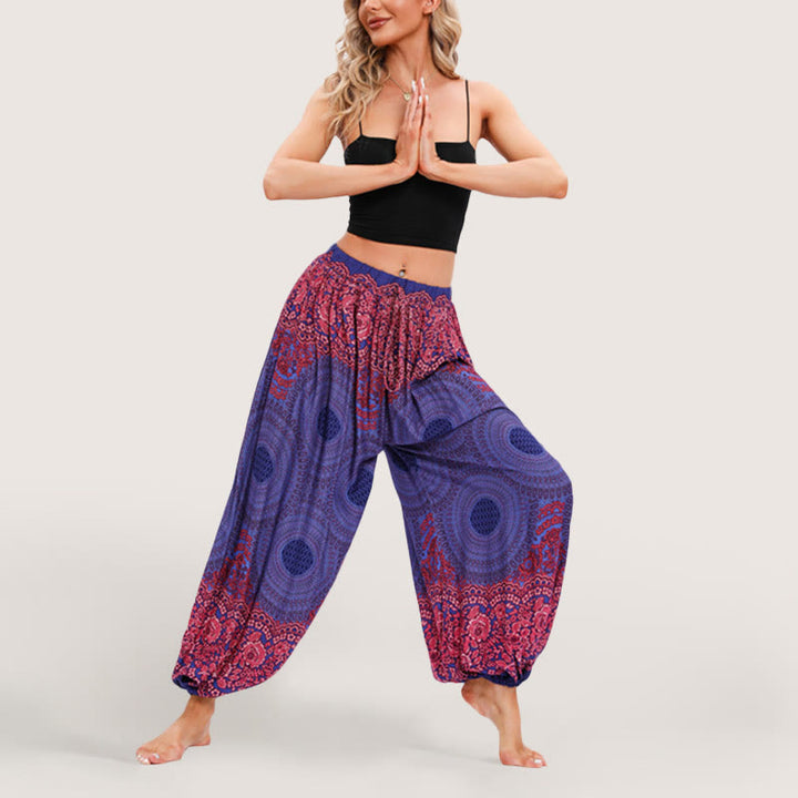 Olivenorma - Pantaloni harem elasticizzati con vita alta e motivo mandala boho vibrante da donna