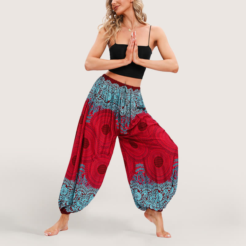 Olivenorma - Pantaloni harem elasticizzati con vita alta e motivo mandala boho vibrante da donna