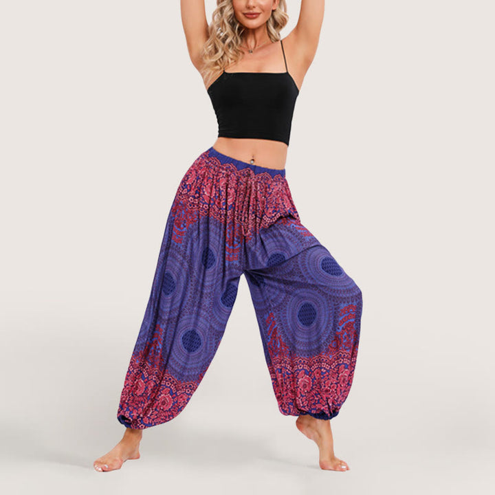 Olivenorma - Pantaloni harem elasticizzati con vita alta e motivo mandala boho vibrante da donna
