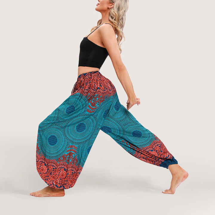 Olivenorma - Pantaloni harem elasticizzati con vita alta e motivo mandala boho vibrante da donna