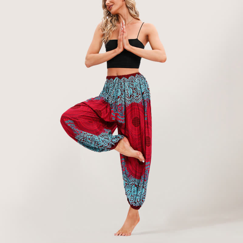 Olivenorma - Pantaloni harem elasticizzati con vita alta e motivo mandala boho vibrante da donna