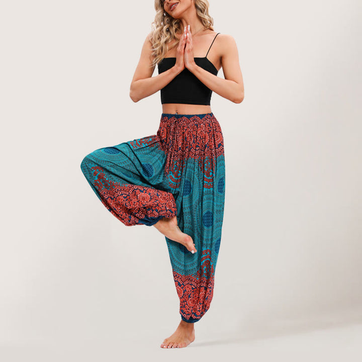 Olivenorma - Pantaloni harem elasticizzati con vita alta e motivo mandala boho vibrante da donna