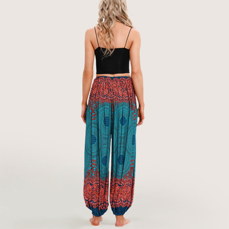 Olivenorma - Pantaloni harem elasticizzati con vita alta e motivo mandala boho vibrante da donna