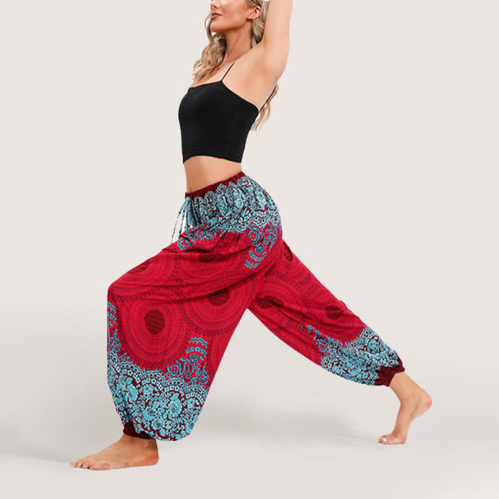 Olivenorma - Pantaloni harem elasticizzati con vita alta e motivo mandala boho vibrante da donna