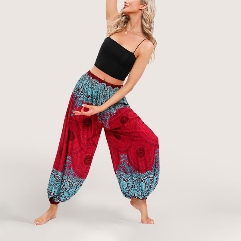 Olivenorma - Pantaloni harem elasticizzati con vita alta e motivo mandala boho vibrante da donna