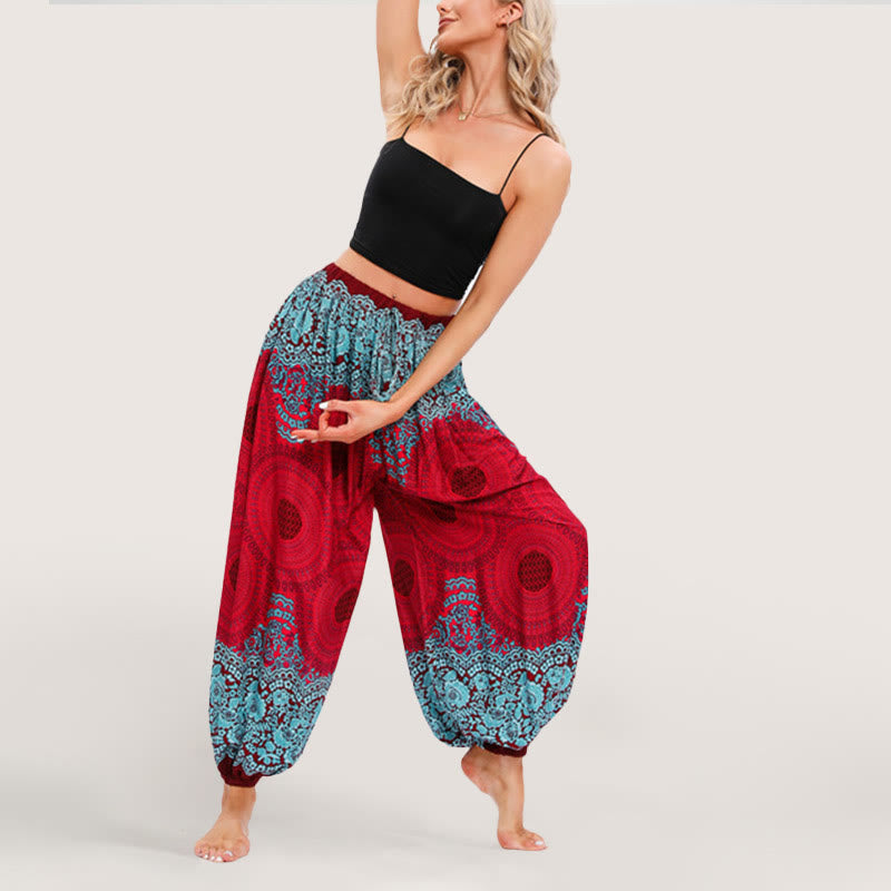 Olivenorma - Pantaloni harem elasticizzati con vita alta e motivo mandala boho vibrante da donna