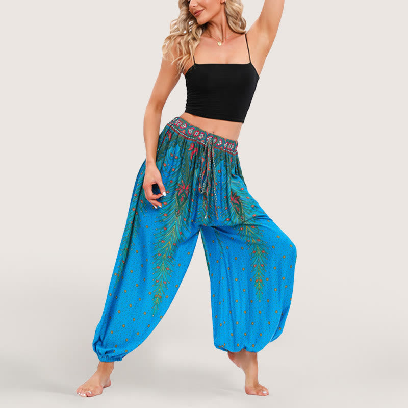 Pantaloni harem con elastico in vita e stampa celeste Olivenorma da donna