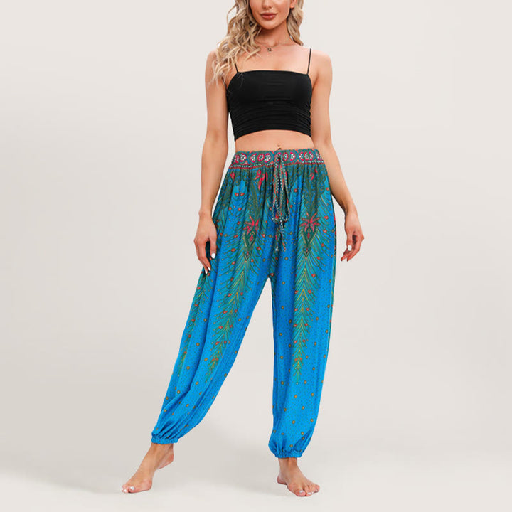 Pantaloni harem con elastico in vita e stampa celeste Olivenorma da donna