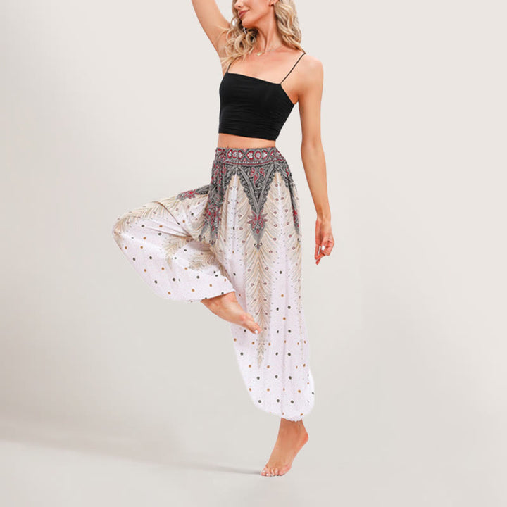 Pantaloni harem con elastico in vita e stampa celeste Olivenorma da donna - Bianco - image 7