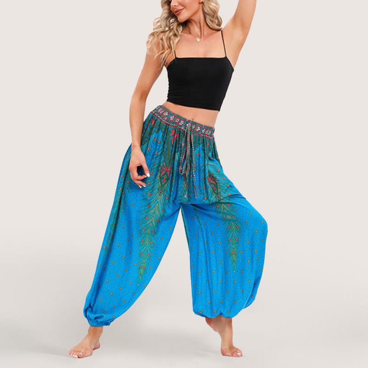 Pantaloni harem con elastico in vita e stampa celeste Olivenorma da donna - image 15