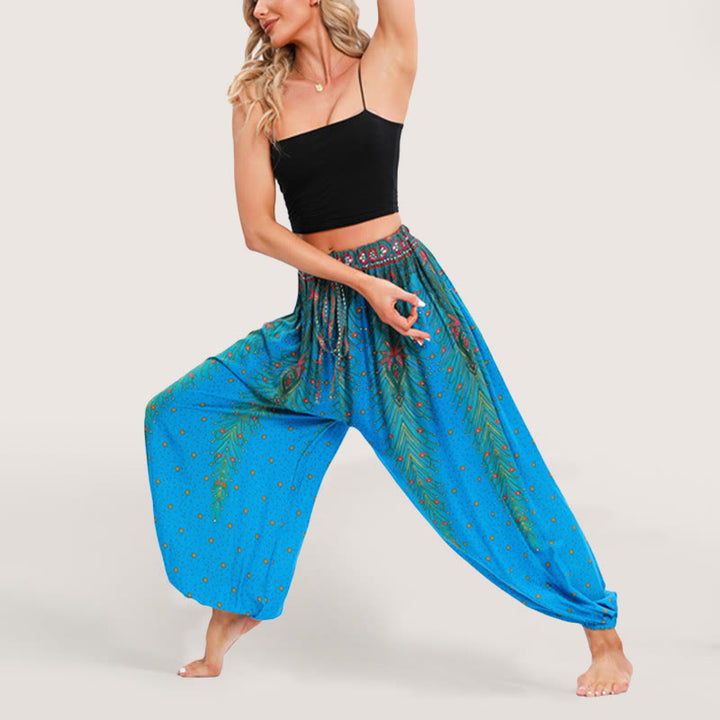 Pantaloni harem con elastico in vita e stampa celeste Olivenorma da donna