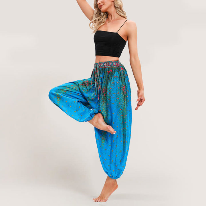 Pantaloni harem con elastico in vita e stampa celeste Olivenorma da donna