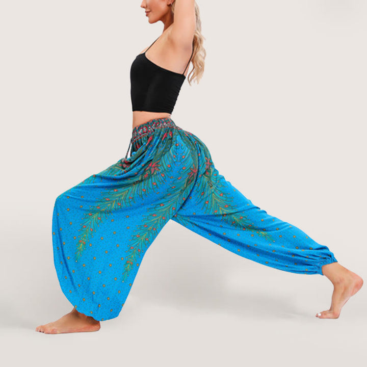 Pantaloni harem con elastico in vita e stampa celeste Olivenorma da donna