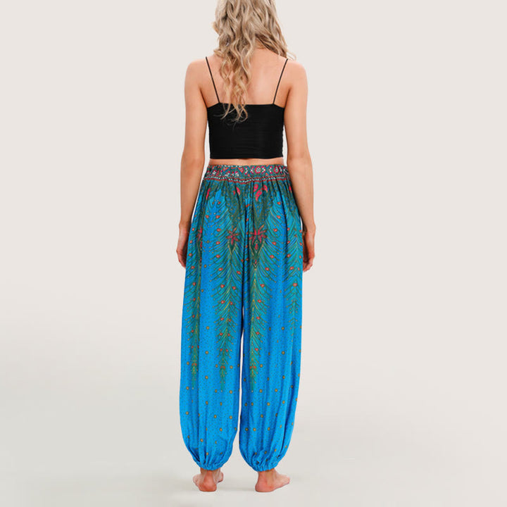 Pantaloni harem con elastico in vita e stampa celeste Olivenorma da donna