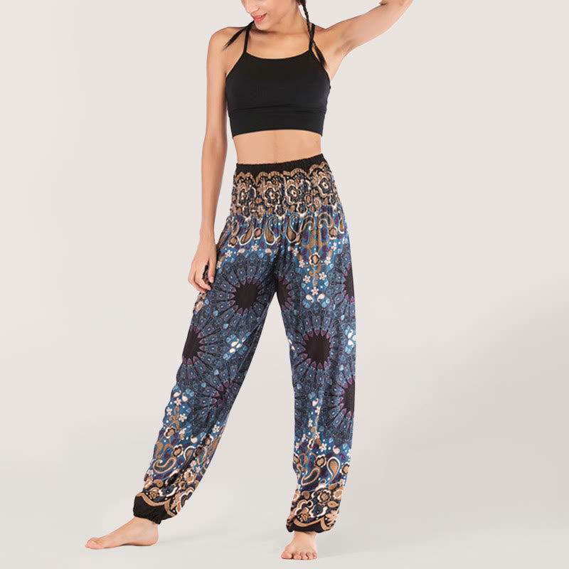 Olivenorma - Pantaloni harem da donna in viscosa con elastico in vita e stampa mandala a fiocchi di neve