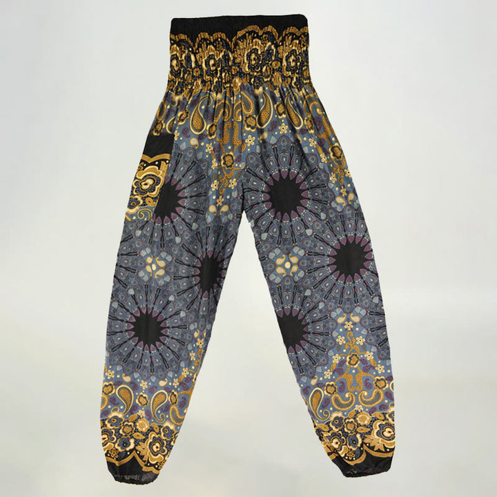 Olivenorma - Pantaloni harem da donna in viscosa con elastico in vita e stampa mandala a fiocchi di neve