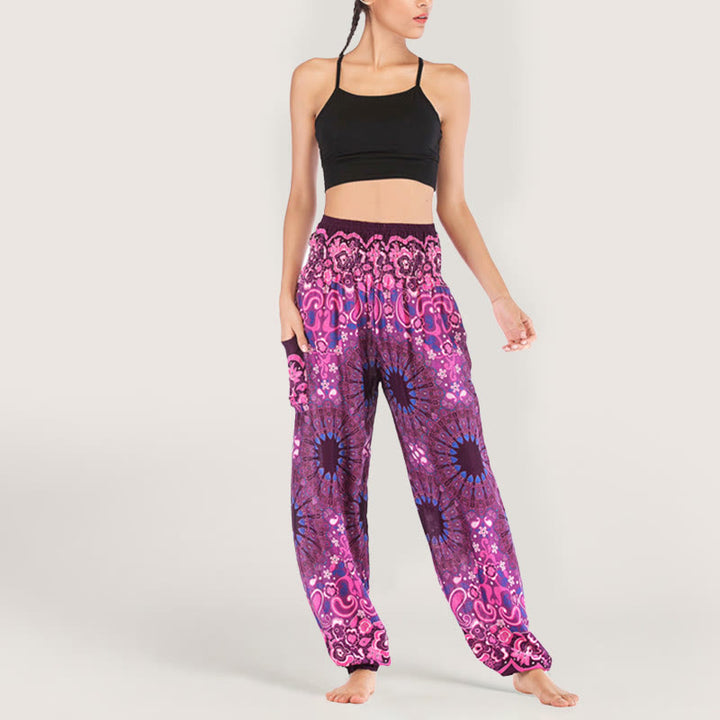 Olivenorma - Pantaloni harem da donna in viscosa con elastico in vita e stampa mandala a fiocchi di neve