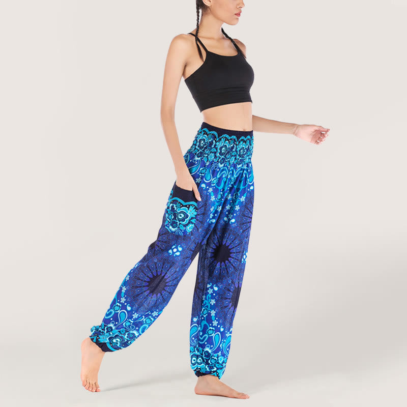 Olivenorma - Pantaloni harem da donna in viscosa con elastico in vita e stampa mandala a fiocchi di neve