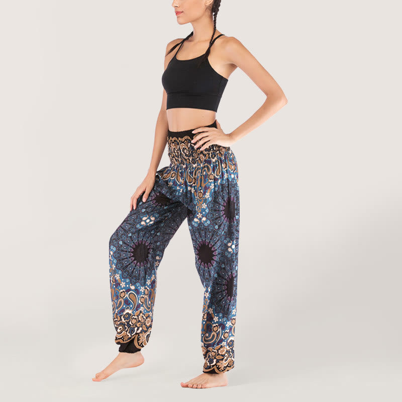 Olivenorma - Pantaloni harem da donna in viscosa con elastico in vita e stampa mandala a fiocchi di neve