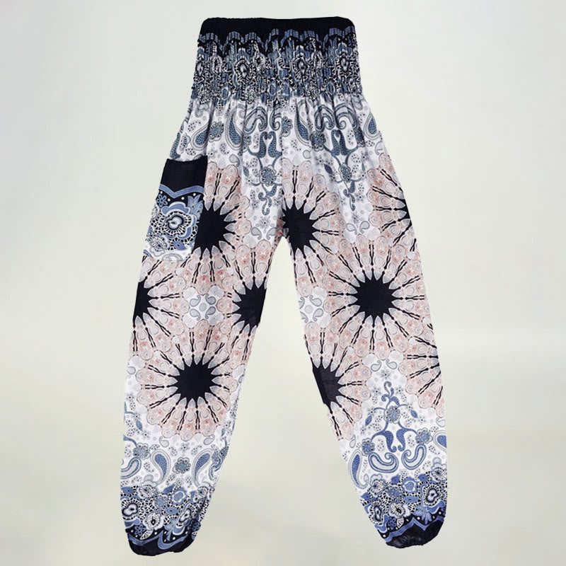 Olivenorma - Pantaloni harem da donna in viscosa con elastico in vita e stampa mandala a fiocchi di neve
