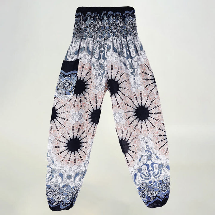 Olivenorma - Pantaloni harem da donna in viscosa con elastico in vita e stampa mandala a fiocchi di neve