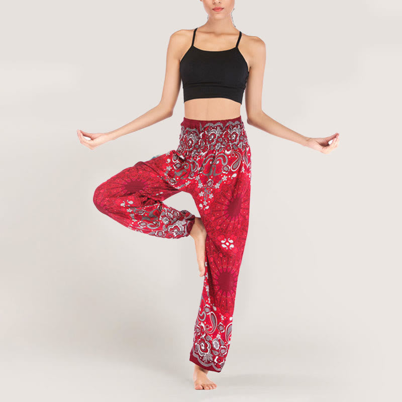 Olivenorma - Pantaloni harem da donna in viscosa con elastico in vita e stampa mandala a fiocchi di neve
