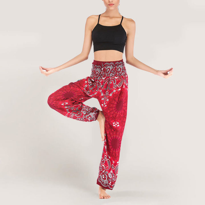 Olivenorma - Pantaloni harem da donna in viscosa con elastico in vita e stampa mandala a fiocchi di neve