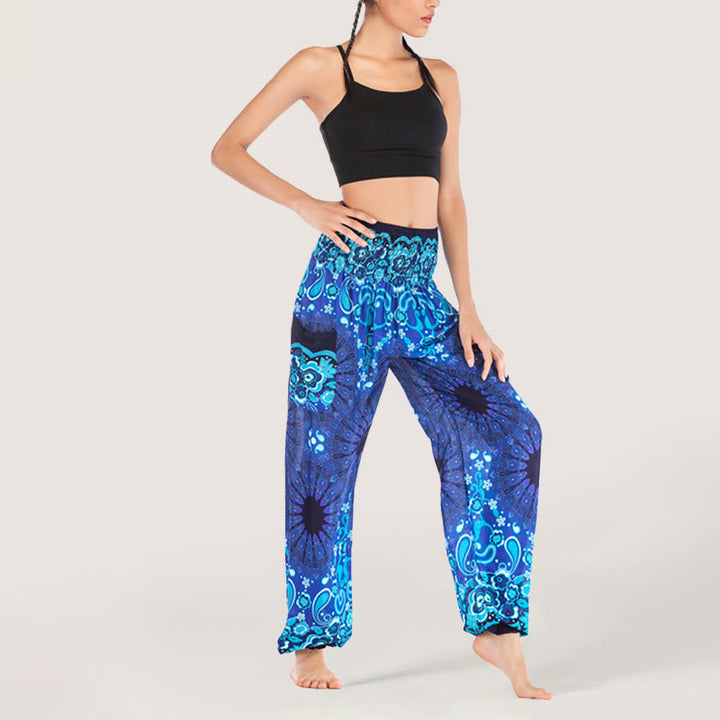 Olivenorma - Pantaloni harem da donna in viscosa con elastico in vita e stampa mandala a fiocchi di neve