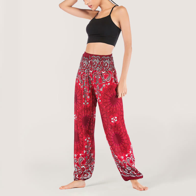 Olivenorma - Pantaloni harem da donna in viscosa con elastico in vita e stampa mandala a fiocchi di neve