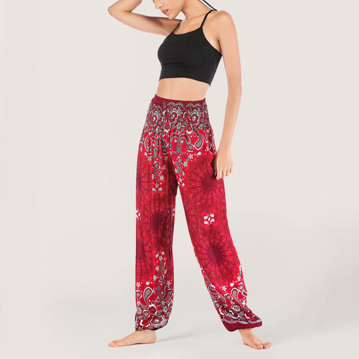 Olivenorma - Pantaloni harem da donna in viscosa con elastico in vita e stampa mandala a fiocchi di neve