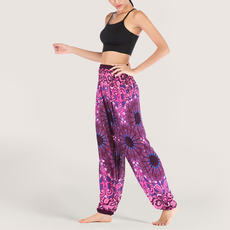 Olivenorma - Pantaloni harem da donna in viscosa con elastico in vita e stampa mandala a fiocchi di neve