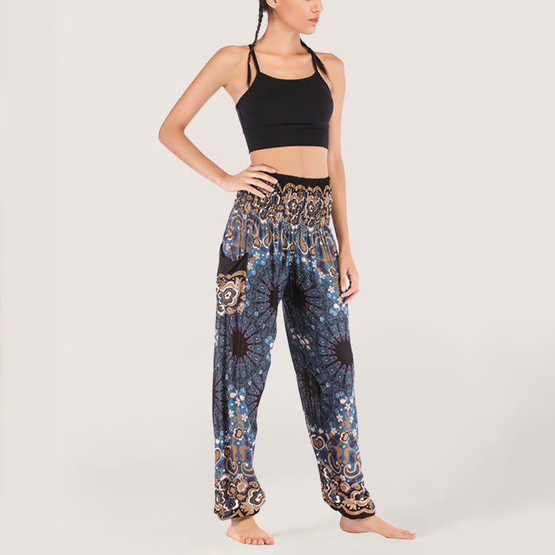 Olivenorma - Pantaloni harem da donna in viscosa con elastico in vita e stampa mandala a fiocchi di neve