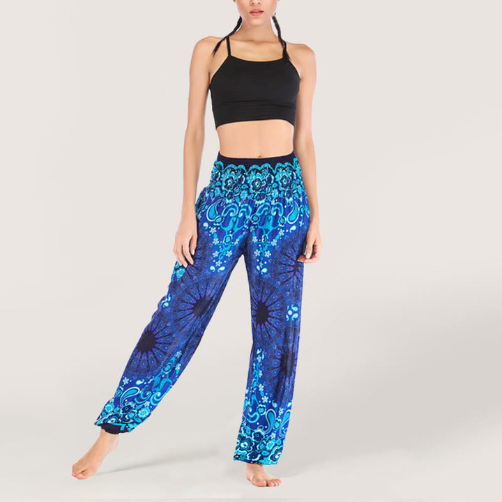 Olivenorma - Pantaloni harem da donna in viscosa con elastico in vita e stampa mandala a fiocchi di neve