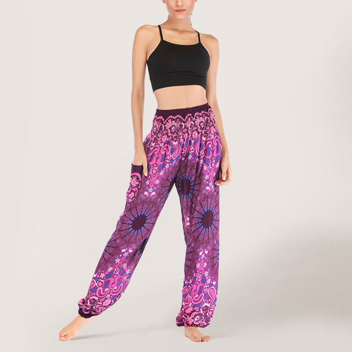 Olivenorma - Pantaloni harem da donna in viscosa con elastico in vita e stampa mandala a fiocchi di neve