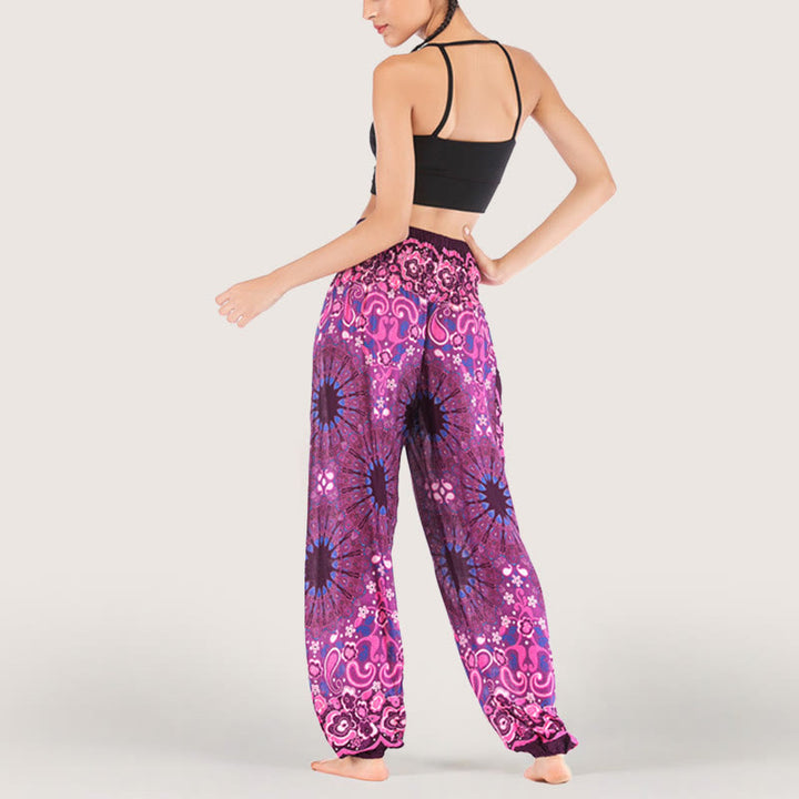 Olivenorma - Pantaloni harem da donna in viscosa con elastico in vita e stampa mandala a fiocchi di neve