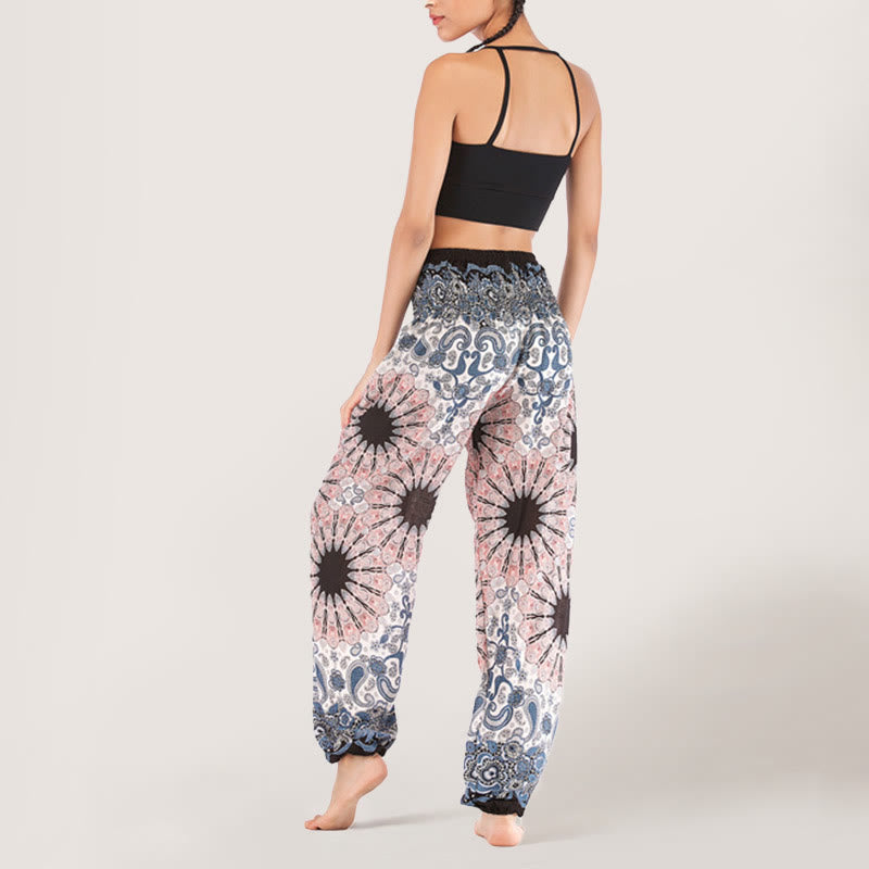 Olivenorma - Pantaloni harem da donna in viscosa con elastico in vita e stampa mandala a fiocchi di neve