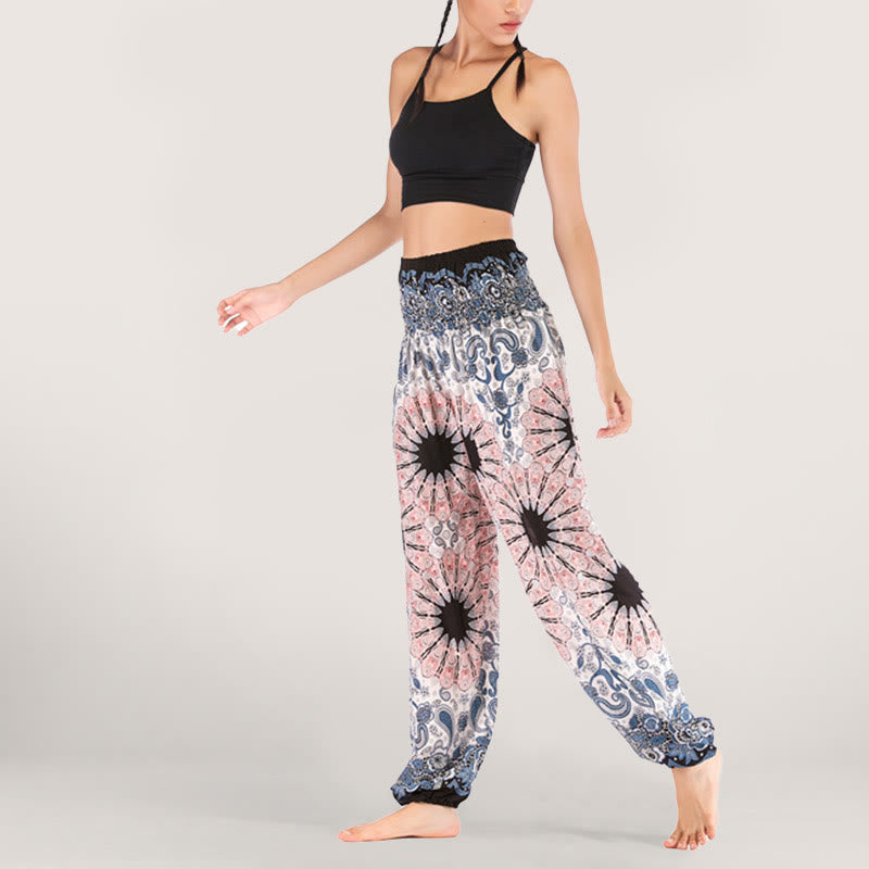 Olivenorma - Pantaloni harem da donna in viscosa con elastico in vita e stampa mandala a fiocchi di neve