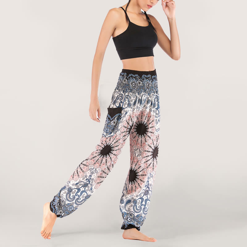 Olivenorma - Pantaloni harem da donna in viscosa con elastico in vita e stampa mandala a fiocchi di neve