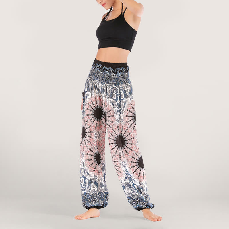 Olivenorma - Pantaloni harem da donna in viscosa con elastico in vita e stampa mandala a fiocchi di neve