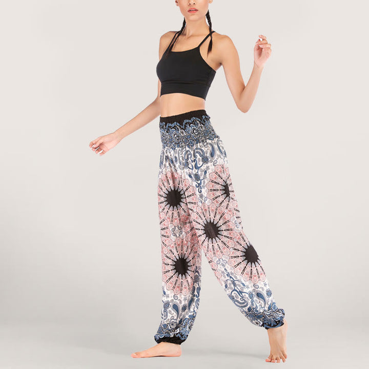 Olivenorma - Pantaloni harem da donna in viscosa con elastico in vita e stampa mandala a fiocchi di neve