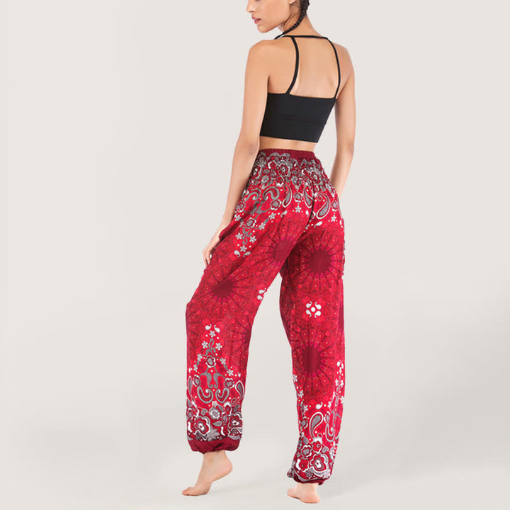Olivenorma - Pantaloni harem da donna in viscosa con elastico in vita e stampa mandala a fiocchi di neve