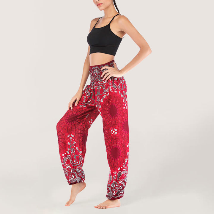 Olivenorma - Pantaloni harem da donna in viscosa con elastico in vita e stampa mandala a fiocchi di neve