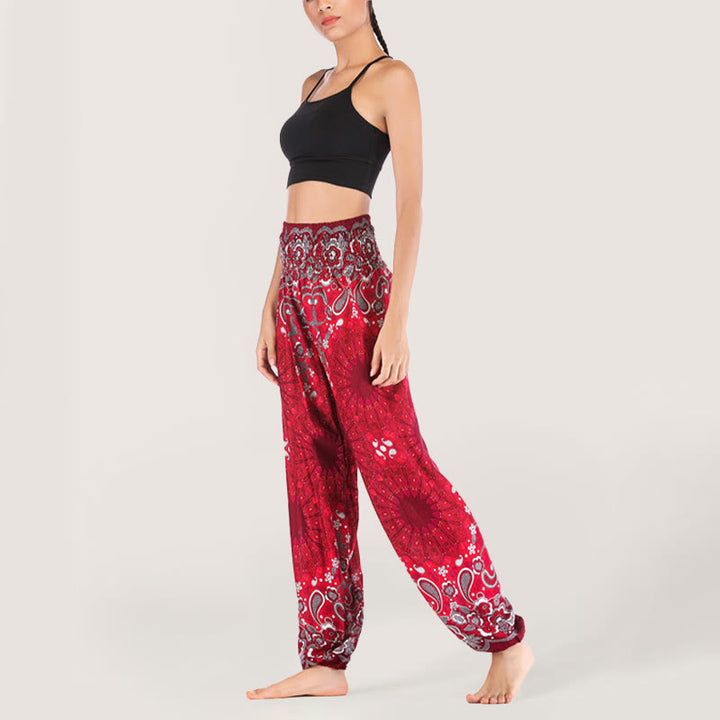 Olivenorma - Pantaloni harem da donna in viscosa con elastico in vita e stampa mandala a fiocchi di neve